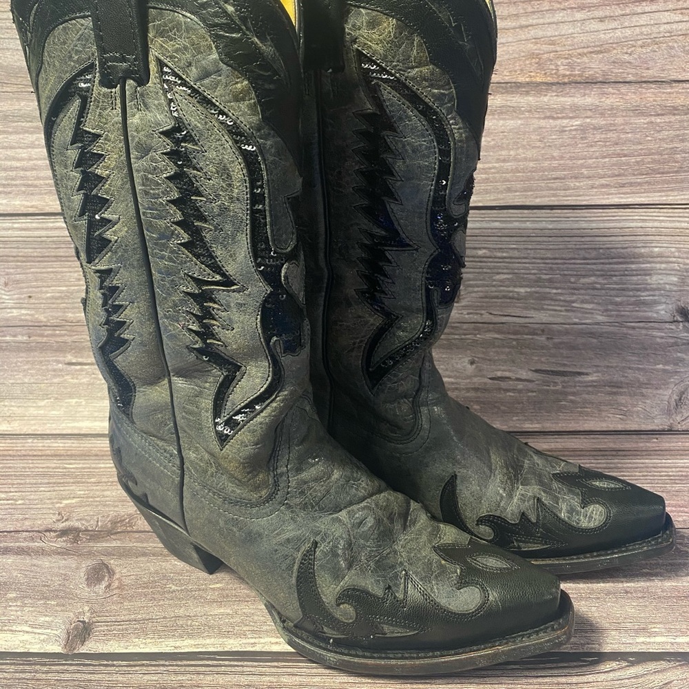 Corral Gray and Black Leather Sequined Cowgirl Boots Size 7.5 M